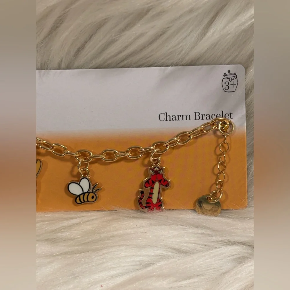 Disney Winnie the Pooh Charm Bracelet Honey Pot Bee Signed Gold Tone 8